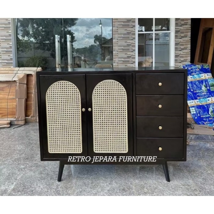 Bufet TV Retro Minimalis Tinggi 4 laci 2 pintu Kayu Jati mix rotan/ Bufet Scandinavian kayu jati