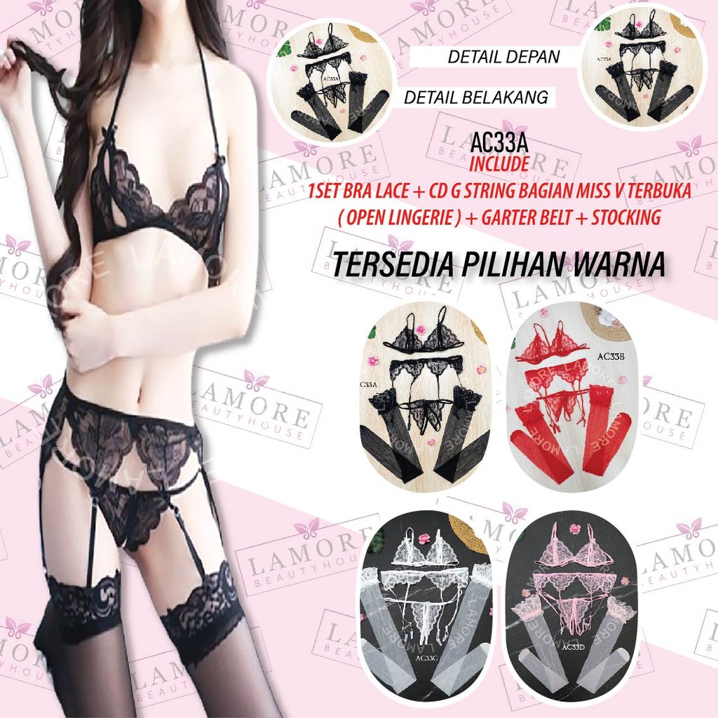 Bh Cd Bra Set + Sabuk Paha + Stocking Lace Hitam Ac33A