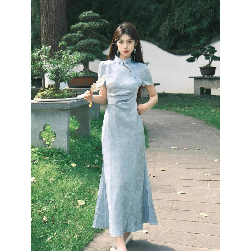 Cheongsam Biru Gaun Dress Hanfu Ekor Ikan Wanita Anggun