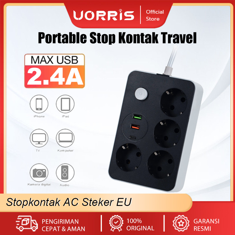 UORRIS Portable Stop Kontak Travel - 2 USB Port 4 Steker