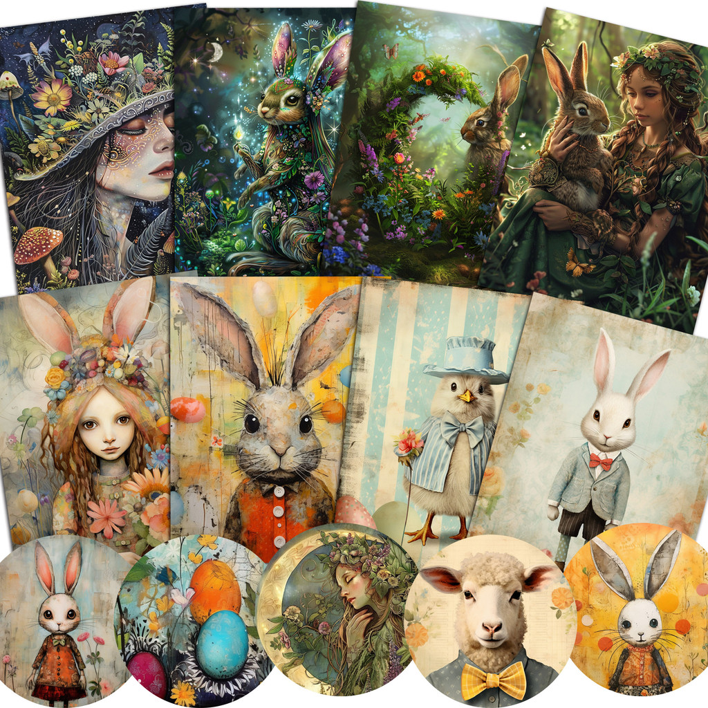 

52pieces Fantasy Colorful Rabbit Writable Thick Card Set With Sticker,for Easter Decoration,Scrapbooking Supplies,Junk Journal