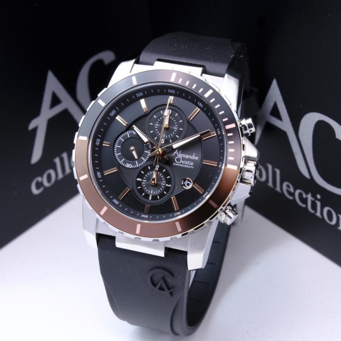 Jam Tangan Pria Alexandre Christie AC 6141 MC Original Chronograph Silver Black Brown Rubber Garansi