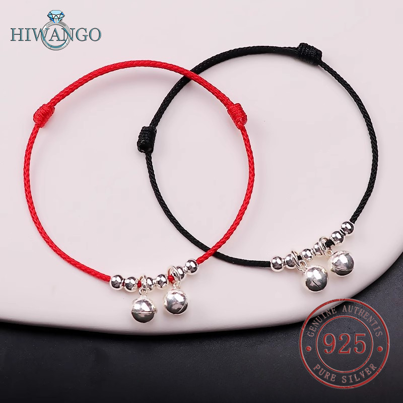 HIWANGO 925 Perak Gelang Kaki Bel Untuk Wanita Tali Merah Bel Hitam