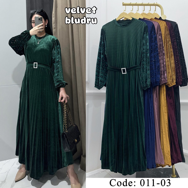 DHOLISHOP.ID Gamis Bludru Velvet Premium Plisket Free Belt Mewah Lebaran Idul Fitri Grosir PGMTA 011