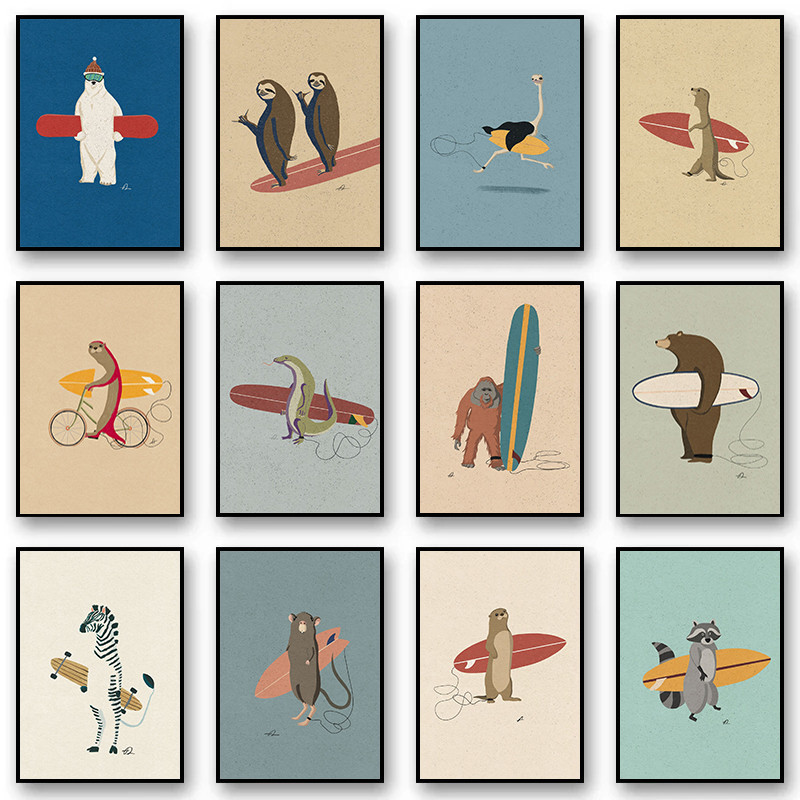 

Funny Surfing Animals Posters Canvas Painting Sloth Bear Panda Zebra Fox Wall Art Picture For Modern Child Room Home Decor