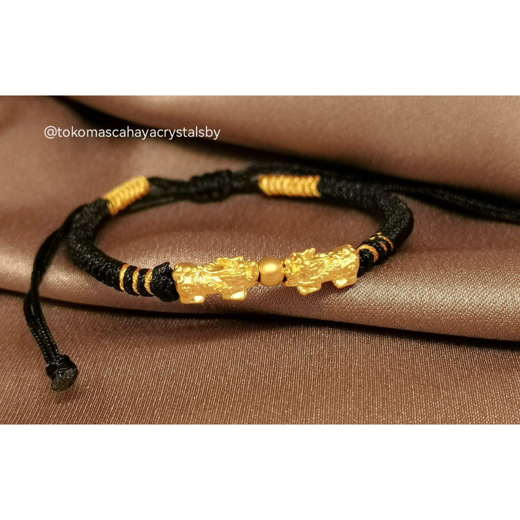 Gelang Tali Emas Charm 2 Naga/Pixiu/Jilin/Dragon & Bola Emas 24k HK Hongkong 999% - Gold