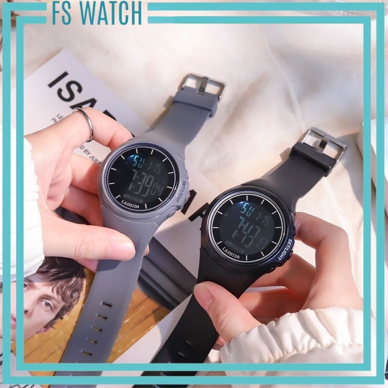 FSW Jam Tangan Wanita Pria Digital Sport Strap Rubber Anti Air Watch LCD Hitam Water Resist