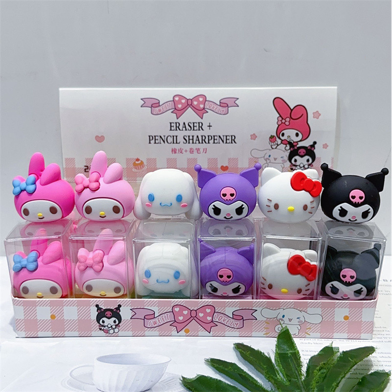 

6Pc Sanrio Eraser Pencil Sharpener Hello Kitty Kuromi Cinnamoroll My Melody Student Stationery School Supplies Gifts