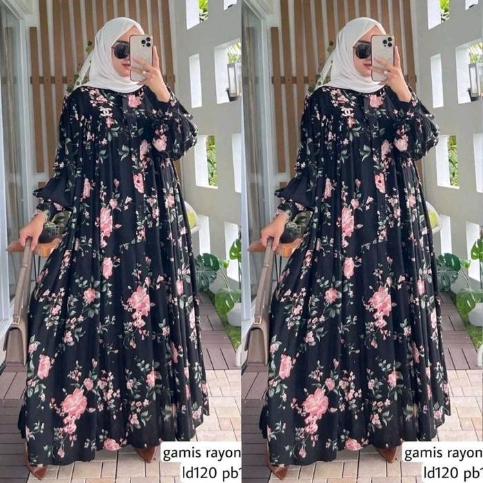 Zaskia Dress Gamis Rayon Diamond Kain Katun Premium Bunga Aloora Sakura Motif Terbaru Kekinian Canti