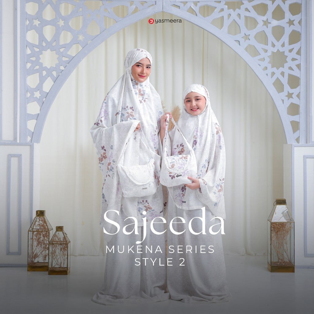 Yasmeera Couple Mukena Sajeeda Series Style 2 Dewasa Jumbo Remaja Anak Rayon Printing Premium Reslet