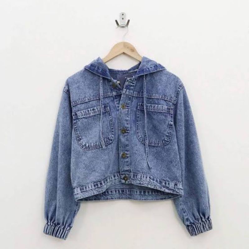 Jaket jeans Hoodie Kancing Wanita Ld 110cm JAKET JEANS WANITA KEKINIAN