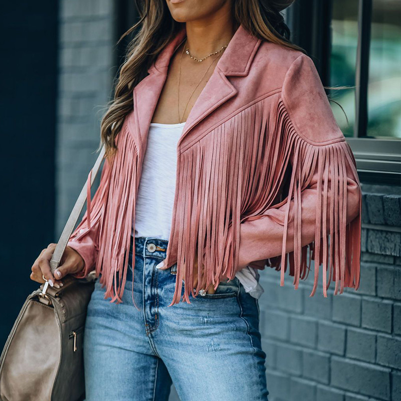 Womens Vintage Lapel Long Sleeve Fringe Cropped Hippie Motor Biker Cargan Outwears Faux Suede Tassel