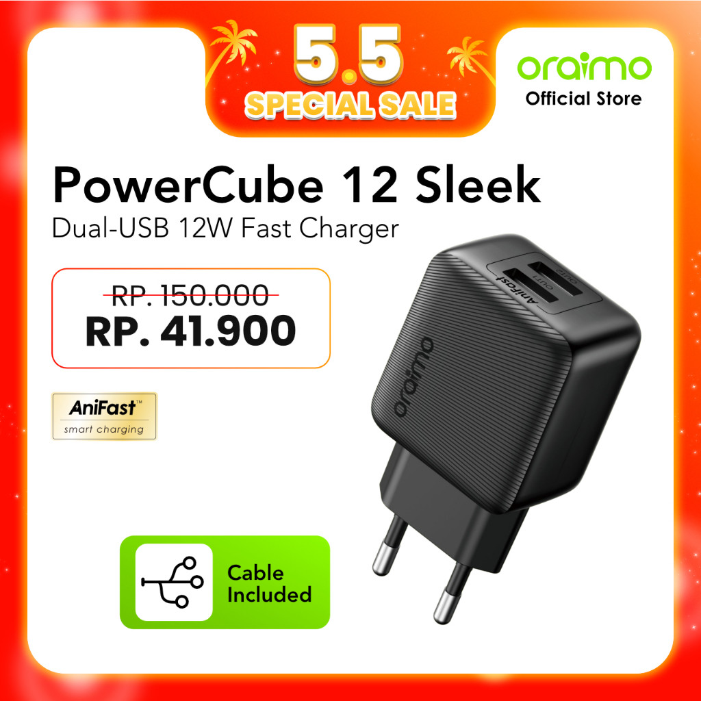 Oraimo Charger Compact 12W PowerCube 12 Sleek OCW-1121E Single Port 5V 2.4A Type-C Micro USB Lightni