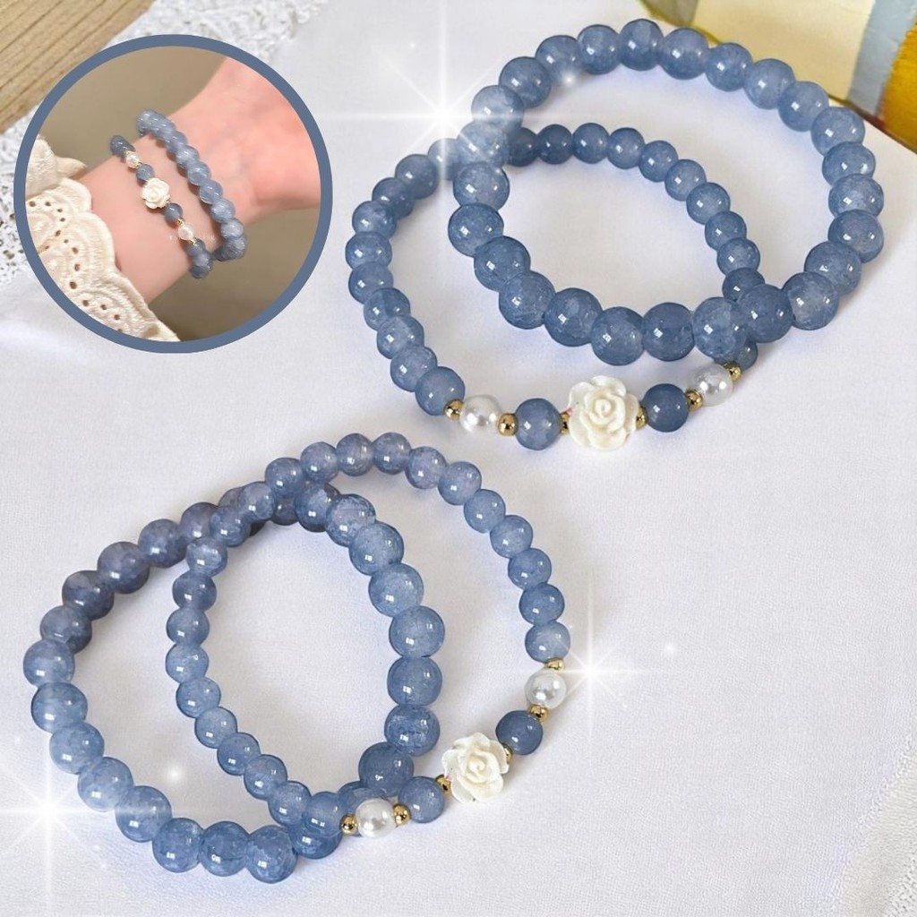 Gelang Batu Giok Manik Manik Biru Bunga GROSIR