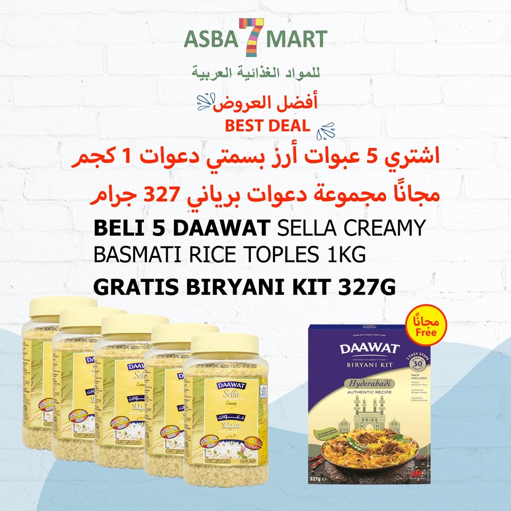 

[ PROMO SPESIAL] BELI 5 DAAWAT CREAM SELLA 1KG DAPAT BIRYANI KIT 327GR