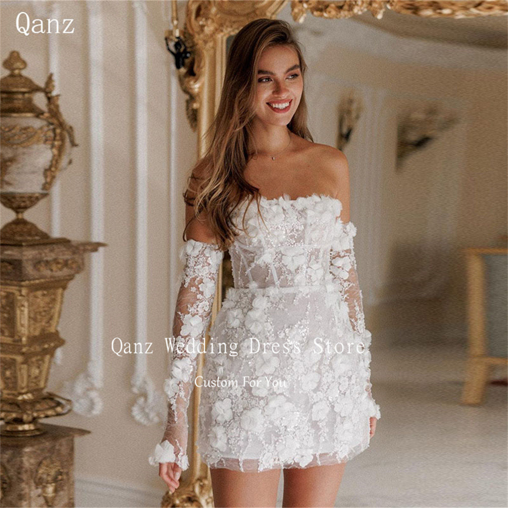 Qanz Short Wedng Dresses White Flowers Mermaid Detachable Sleeves Vestidos De Novia Vestidos En Ofer