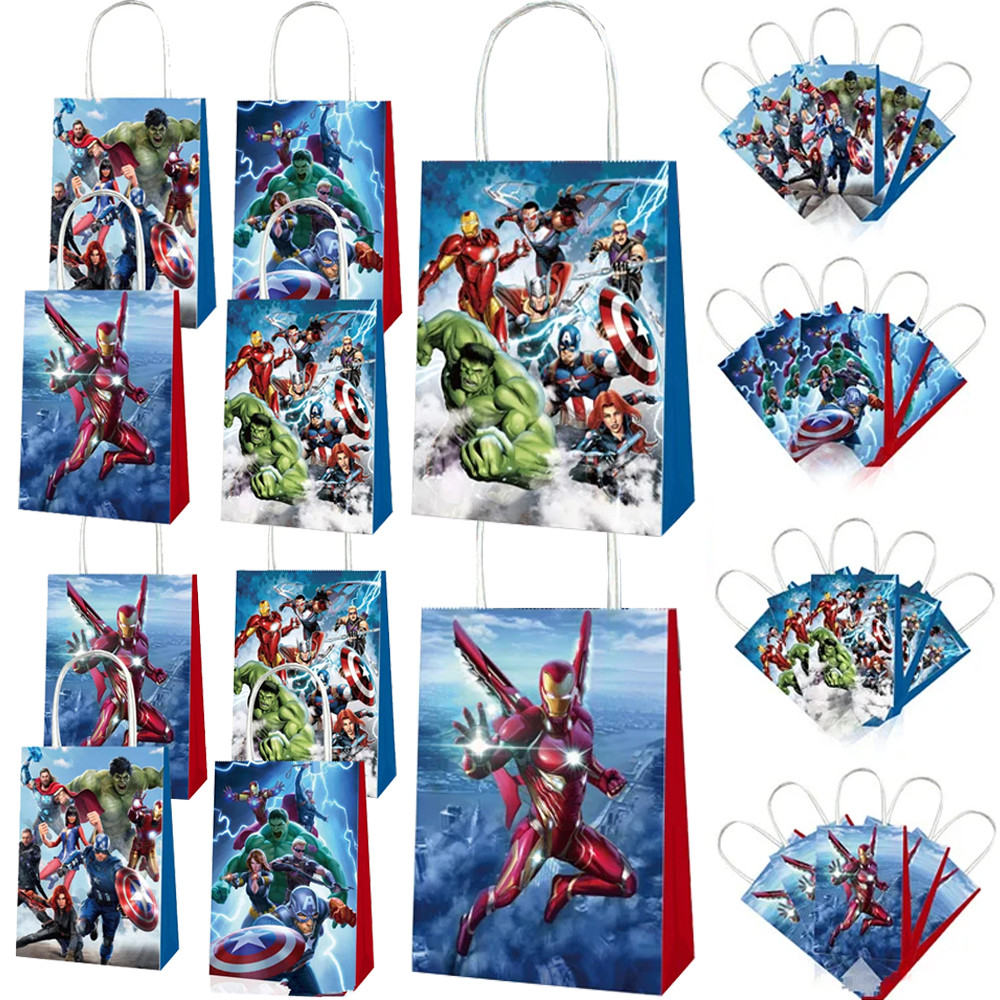 

12/48Pcs The Avengers Theme Paper Gift Bag with Handles Kids Boys Spiderman Superhero Party Candy Bags Supplies for Baby Shower