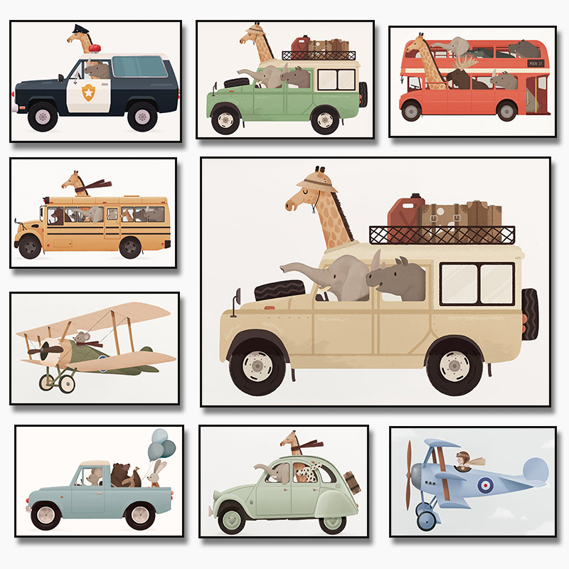 

Giraffe Elephant Bear Animal Car Travel Nursery Wall Art Canvas Painting Posters and Prints Wall Pictures Kids Room Home Decor