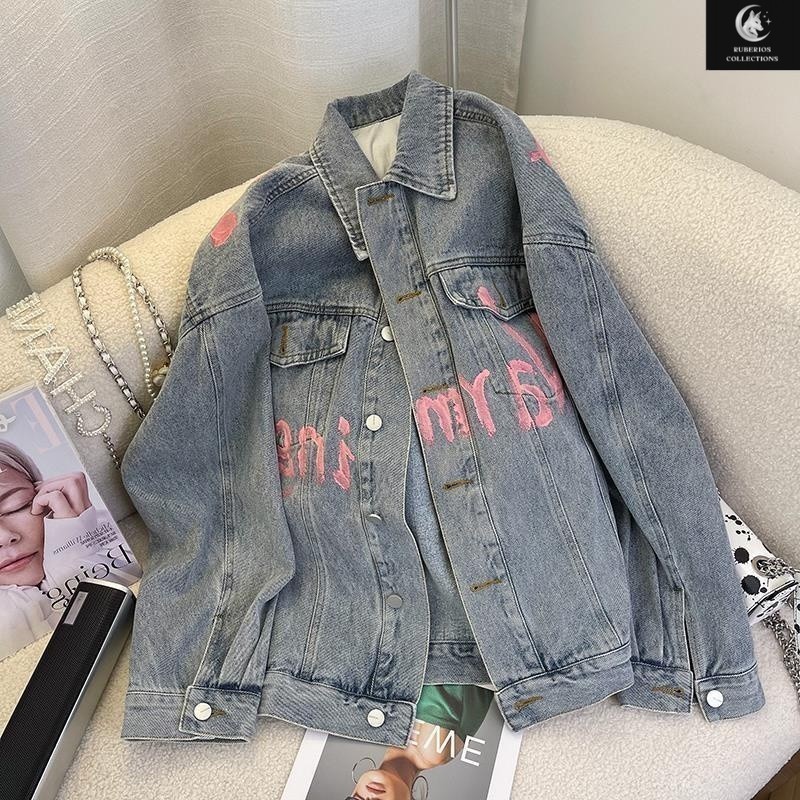 25OCLOCK - Lettering Print Graffiti Denim Jacket