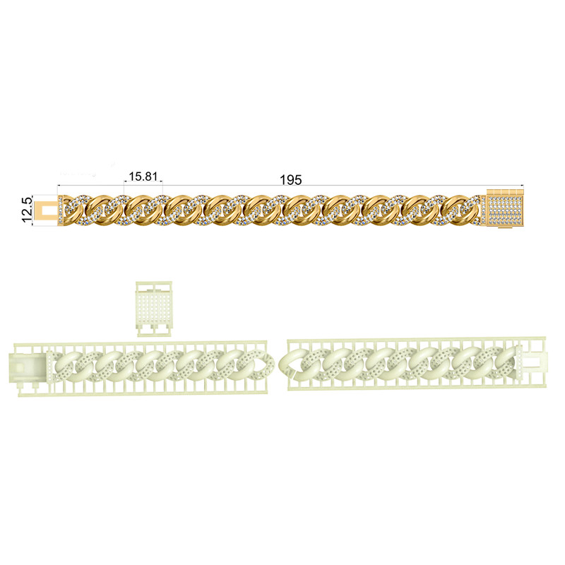 

12.5mm Width Cuban Chain With Stone 195mm Long Ready to Casting Flexible White Wax man Chain Castable Photosensitive Resin