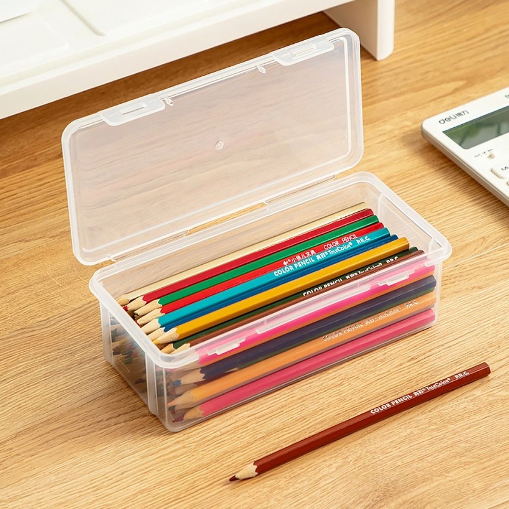

With Buckled Pencil Box Korean Style Transparent Dustproof Desktop Storage Box Waterproof Plastic Stationery Case Mark Pens