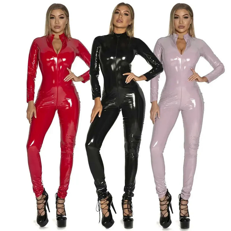 Women's Wet Look Shiny PU Faux Leather Jumpsuit Suit Long Sleeve Zipper Open Crotch Latex Bodysuit C