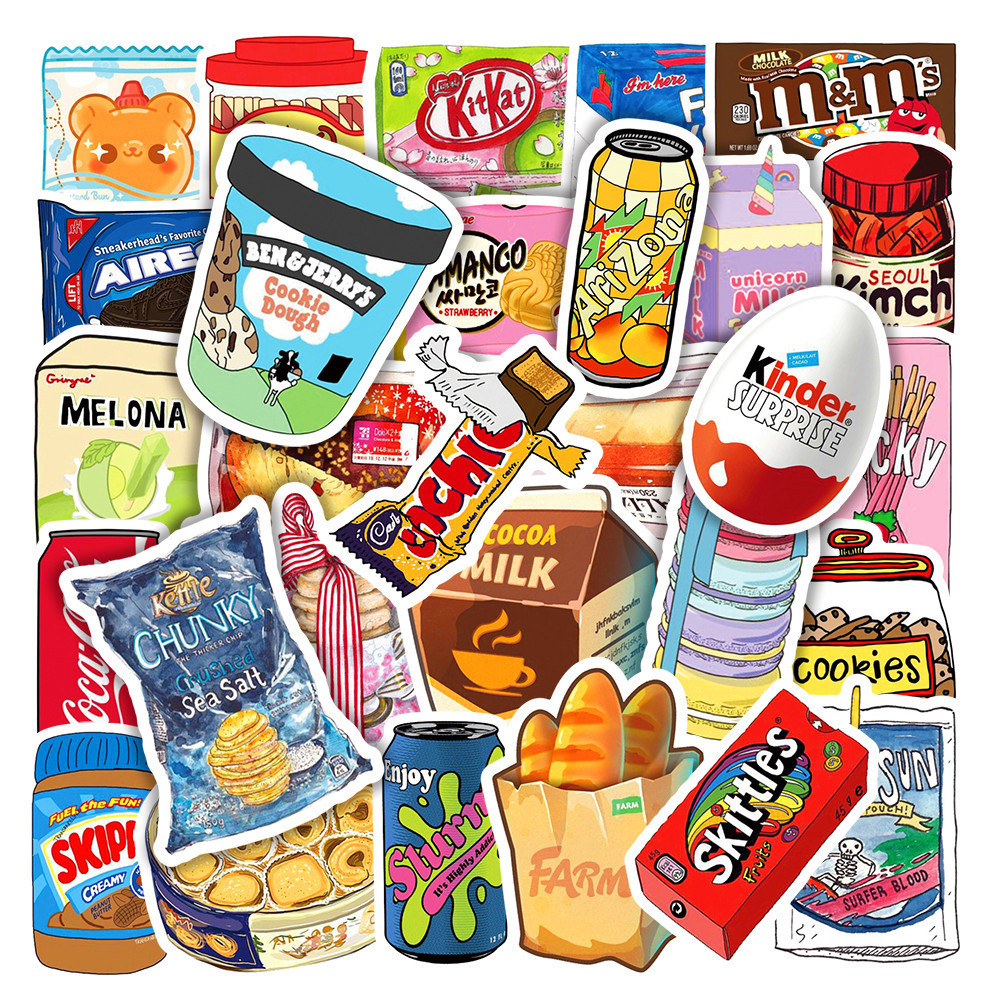 

10/30/50pcs Drink Milk Snack Food Packaging Stickers Phone Scrapbook Motorcycle Cool Car Waterproof Cartoon Sticker for Kids Toy