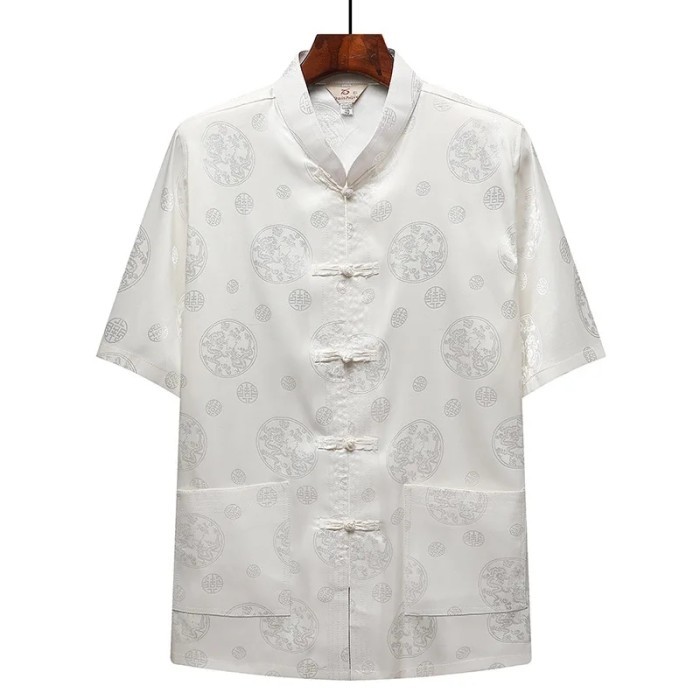 NEW...Cheongsam Pria Lengan Pendek Motif Dragon - Putih, XL