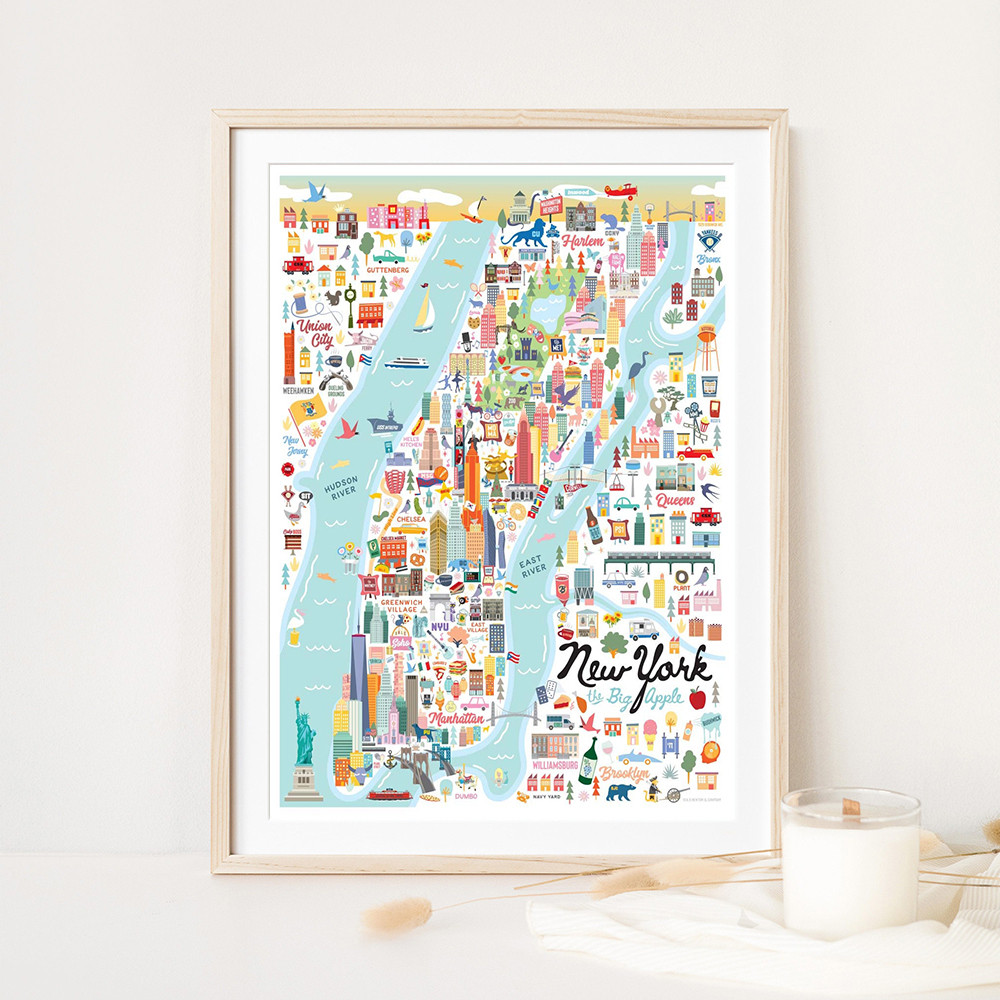 

New York Manhattan Apple Map Art Wall Poster Decor Whimsical Illustration Print Fashion Cartoon City Painting Canvas Room Home