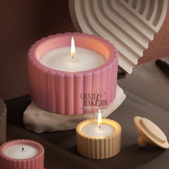 Cetakan Silikon Resin Round Striped Candle Jar Tempat Lilin Garis2 Bulat Storage Box Dengan Tutup - 