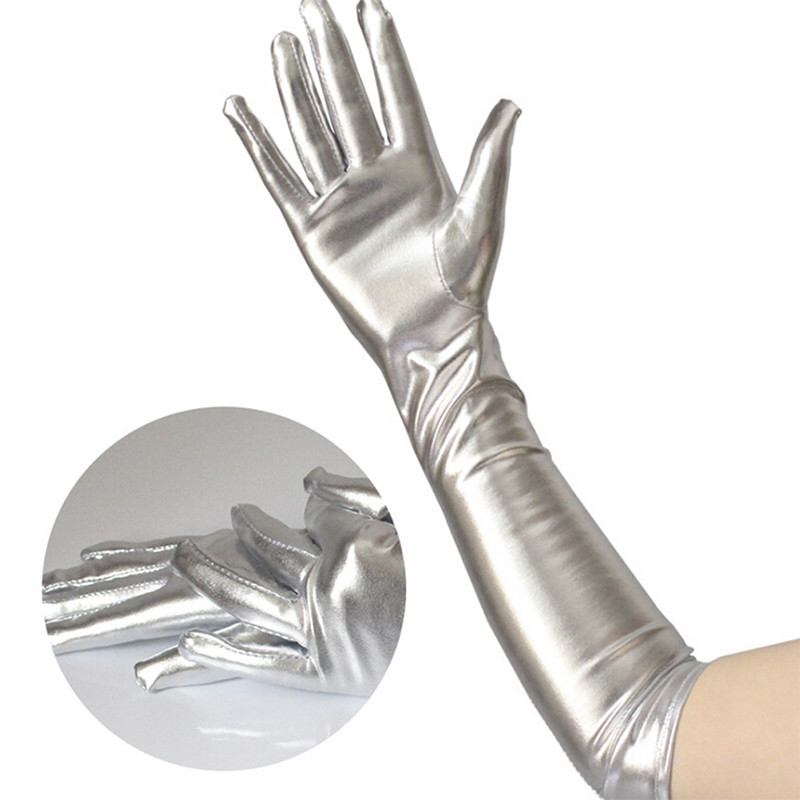 Gold Silver Wet Look Fake Leather Metallic Gloves Evening Party Performance Mittens Women Sexy Elbow