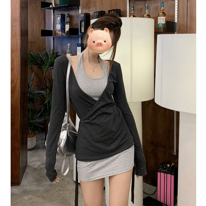 Gaun anak perempuan warna abu-abu murni gaun pinggul dengan kerah gantung dua potong