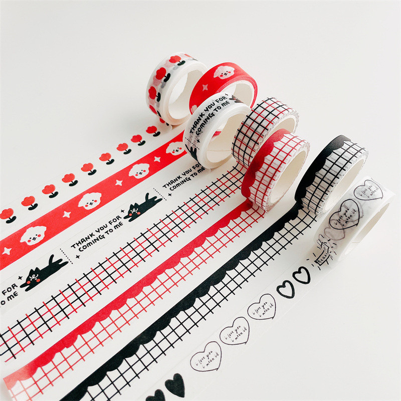 

5M Ins Cartoon Cute Dog Decorative Tape Red Black Wave Grid Diy Scene Adhesive Washi Tape Sticker Scrapbooking Diary Stationery