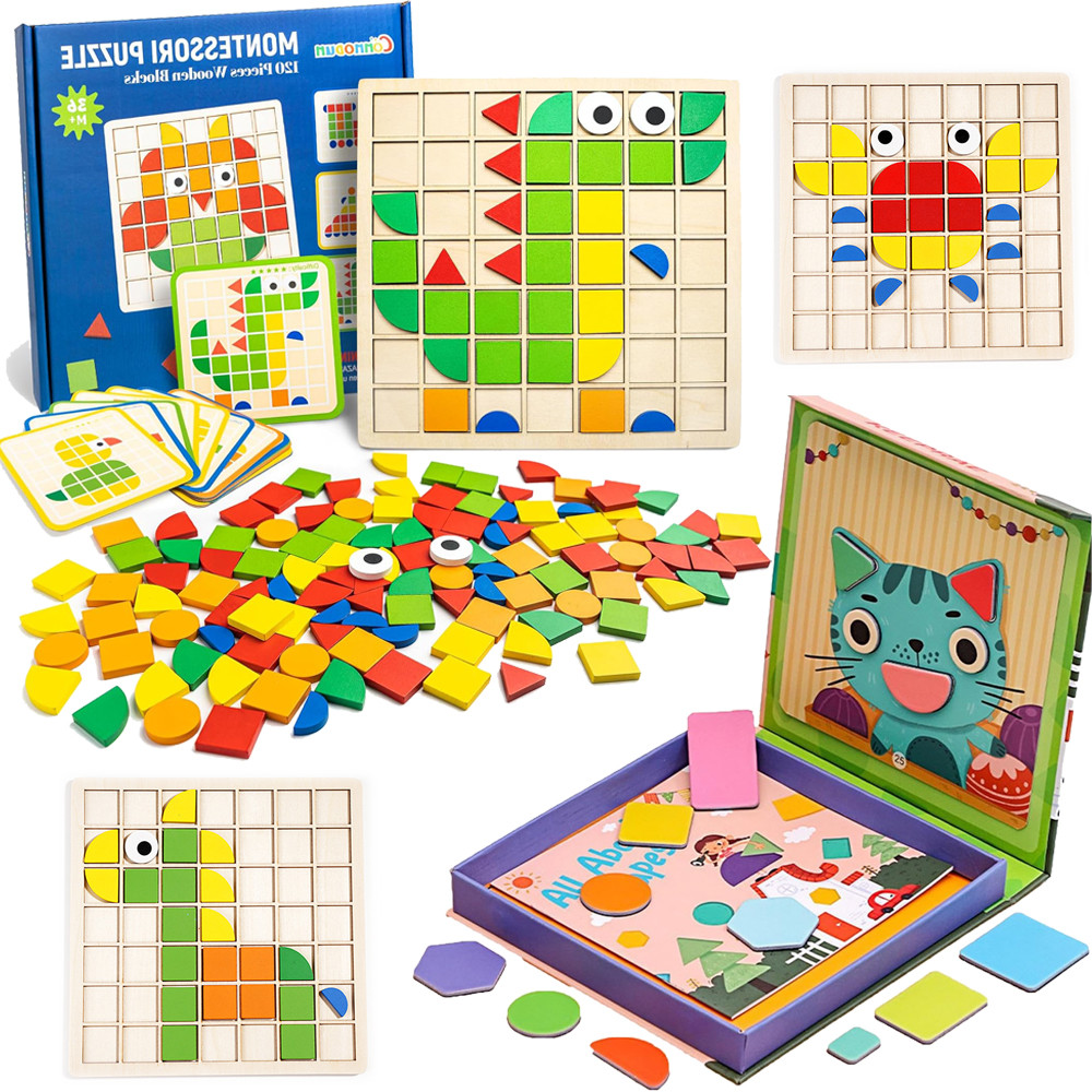 

Wooden Montessori PuzzleToys Mosaic Color Shapes Sensory Game Early Educational Toy Jigsaw Pattern Blocks for Toddler's Gifts
