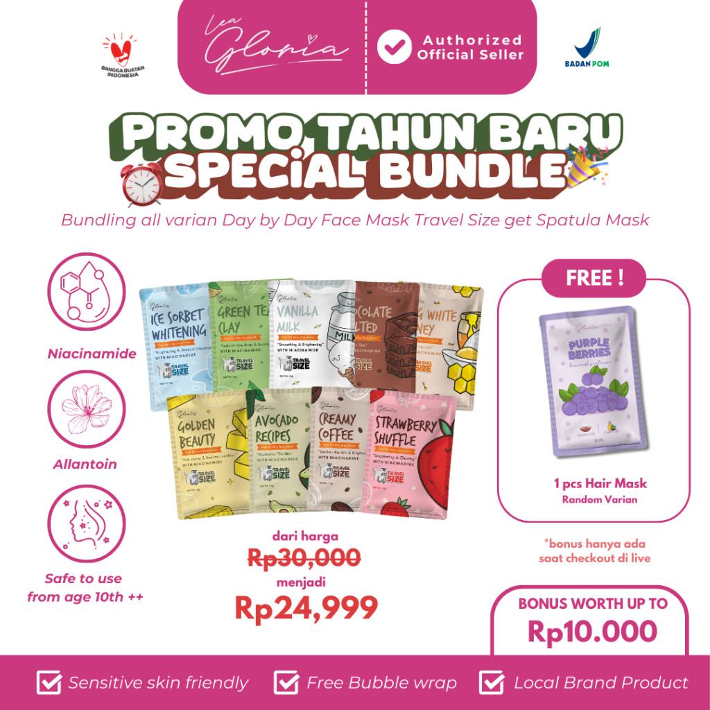 (FREE 1 HAIR MASK SACHET fleo) Lea Gloria - Paket Isi 9pcs Masker Semua Variant Travelsize 10GR