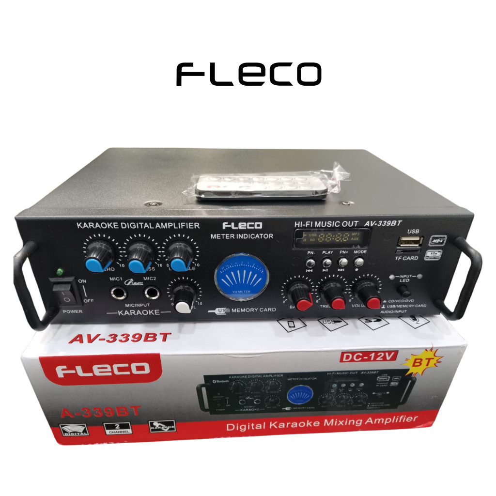 DUO MIC PAKET AMPLIFIER+MIC2 Amply Fleco AV-339 BT Amplifier Bluetooth Karaoke 4 Lubang Mic Super Ba