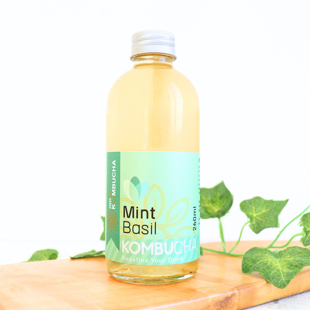 

260ml MINT BASIL KOMBUCHA Teh Fermentasi Probiotik Glass Bottle - INDOKOMBUCHA