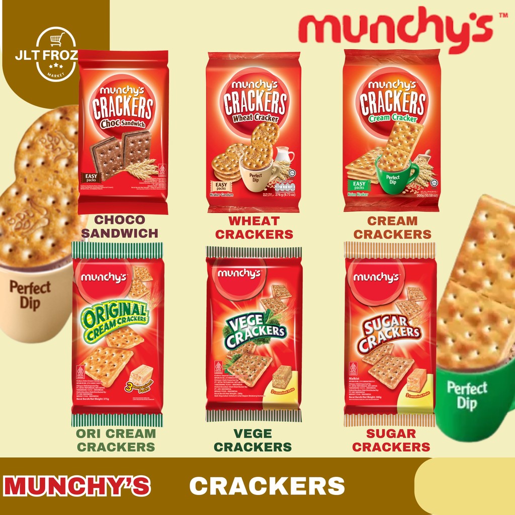 

Munchy's Crackers / Biscuit / Biskuit / Kraker Rasa Cream / Sugar / Choco Sandwich / Cream Ori Kemasan 300g