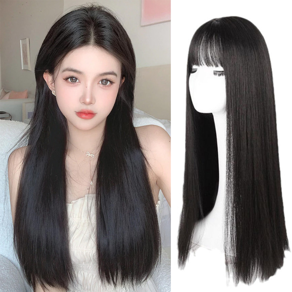 Wig Rambut Asli Panjang Clip Lurus Hair Extension Wanita Smooth Korean Poni Set Wig 70 Cm Rambut Pan