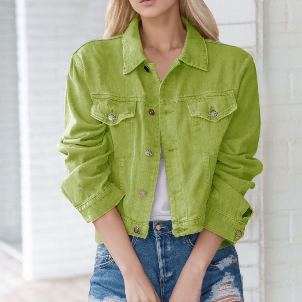 Women Fashion Green Jeans Jacket Lapel Button Down Distressed Short Denim Jacket Pocket Ladies Versa