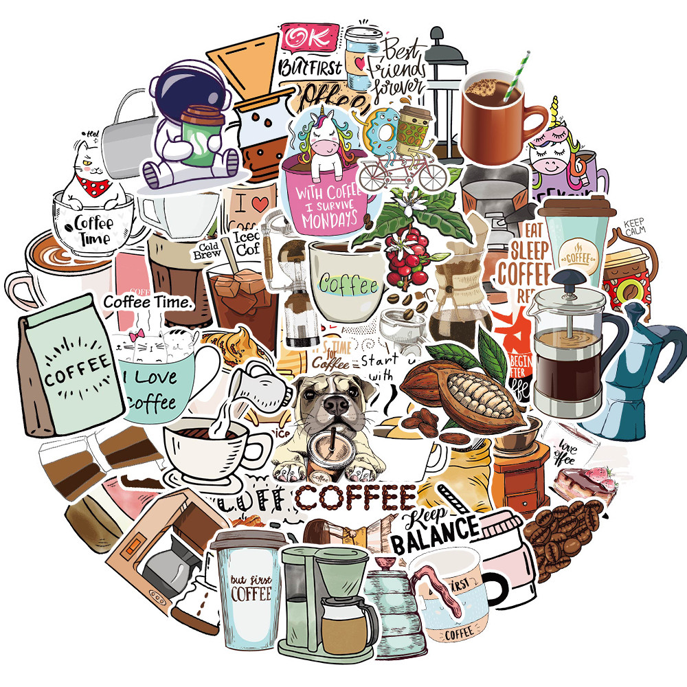 

50 pcs Vintage Coffee Stickers for Laptop Guitar Phone Bike Car Luggage Fridge Waterproof Cute Drinks Cartoon Sticker Pack