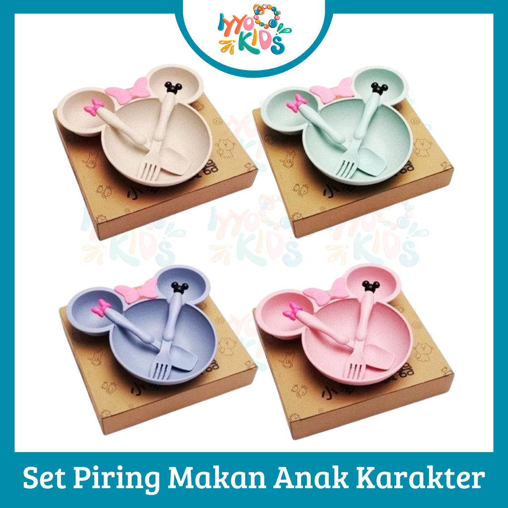 IYYO KIDS | MKN78 Piring Makan Anak Karakter Mickey Mini Mouse Set Sendok Garpu Mangkok Makan Wheat 