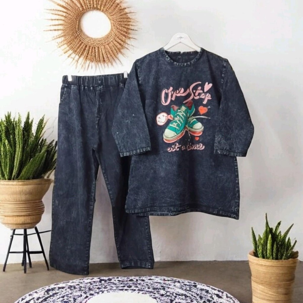 BAJU GAMIS JEANS DENIM MODEL SETELAN CELANA DRESS MOTIF GAMBAR SABLON SEPATU HITAM BLACK SANDWASH WA