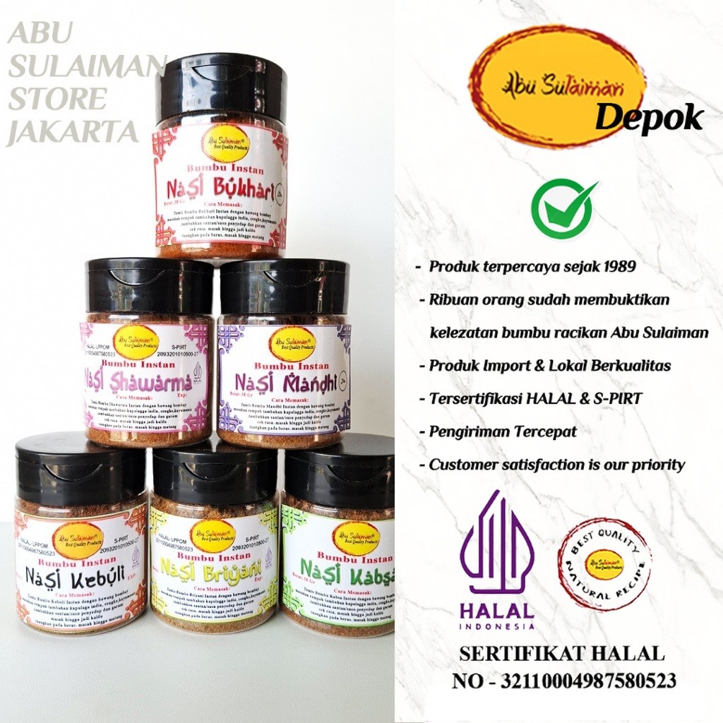 

Ekslusif! Bumbu Kebuli Briyani Mandhi Kabsah Bukhari Shawarma Instant Abu Sulaiman Kemasan Botol / Spice Bottle Abu Sulaiman Store Depok