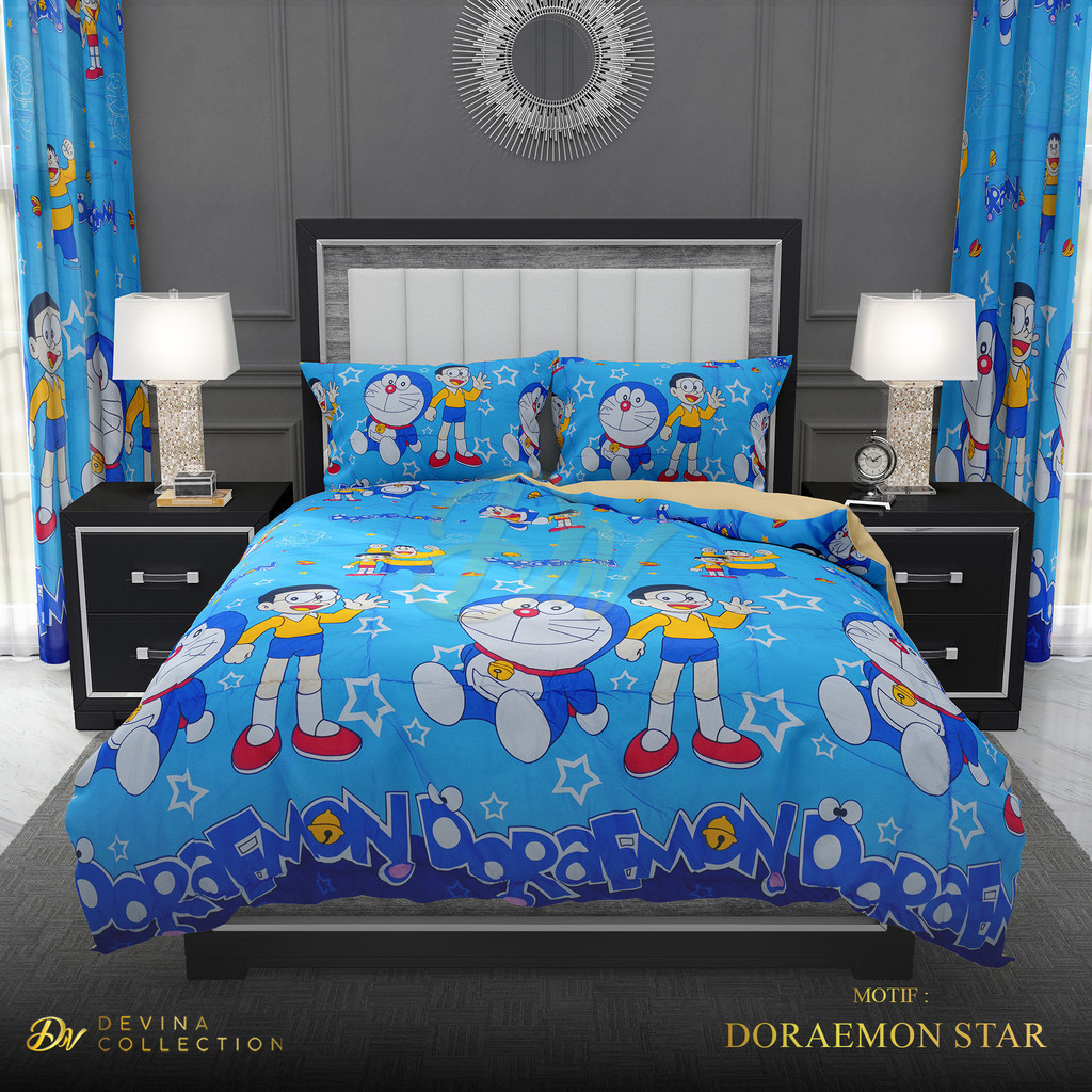 Devina Collection Bedcover Sprei Set Karet Anti Geser Karakter Anak Doraemon Star Uk King 180x200