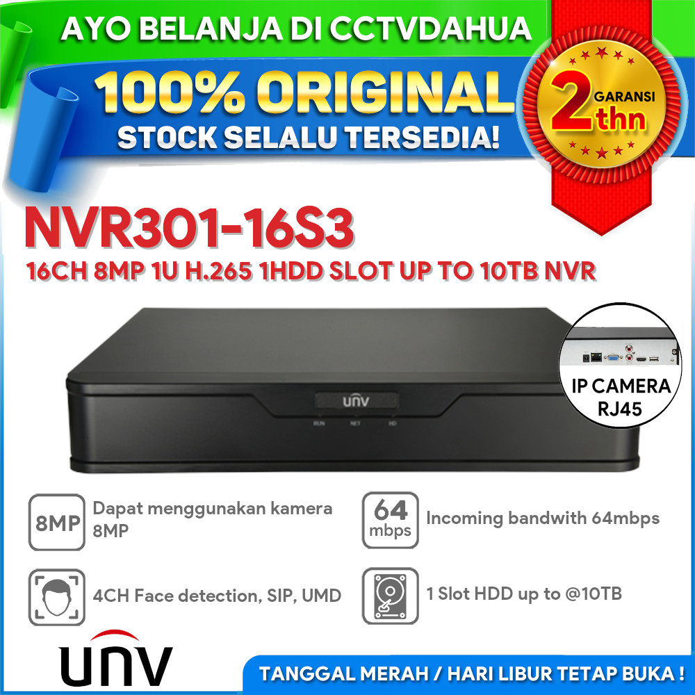 UNV NVR301-16S3 UNIVIEW 16CH 8MP 1U H.265 1HDD SLOT UP TO 10TB NVR