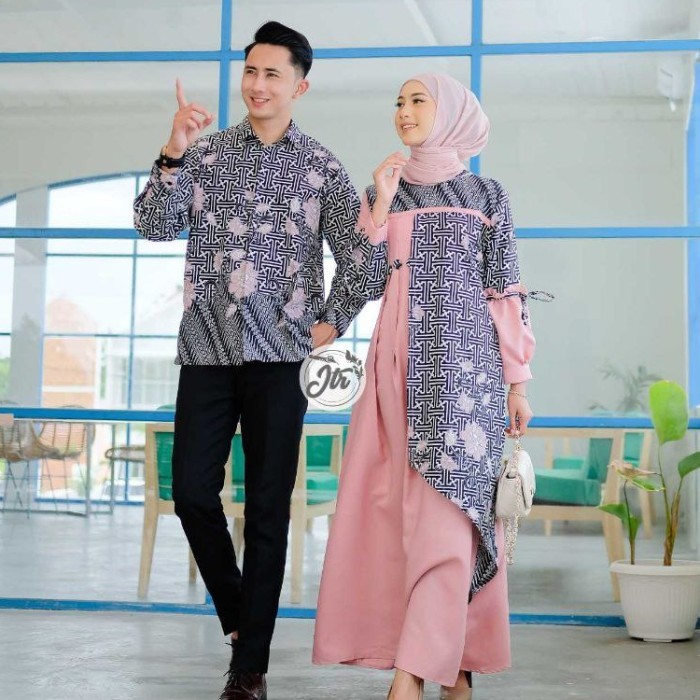 "WY.SY" - DISKON Baju batik Couple Sarimbit Gamis Soft Motif Bunga Kombinasi Modern - Pink, Couple