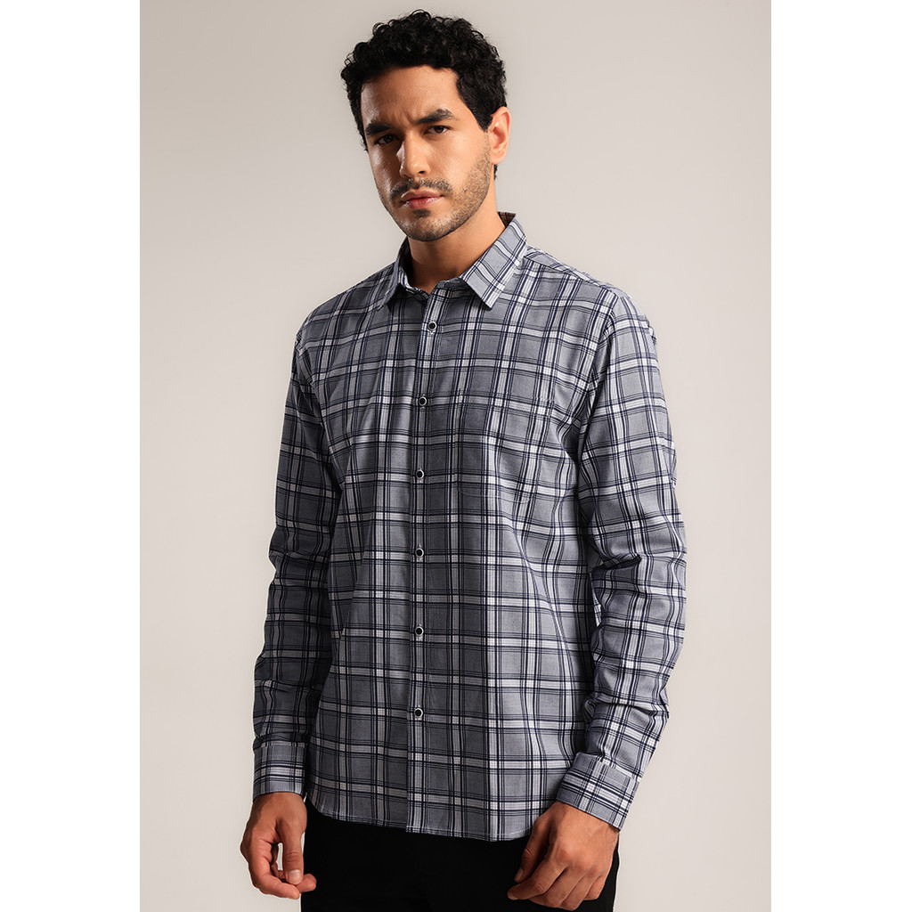 MOC - Kemeja Kotak-kotak Pria Lengan Panjang Spancer - Navy