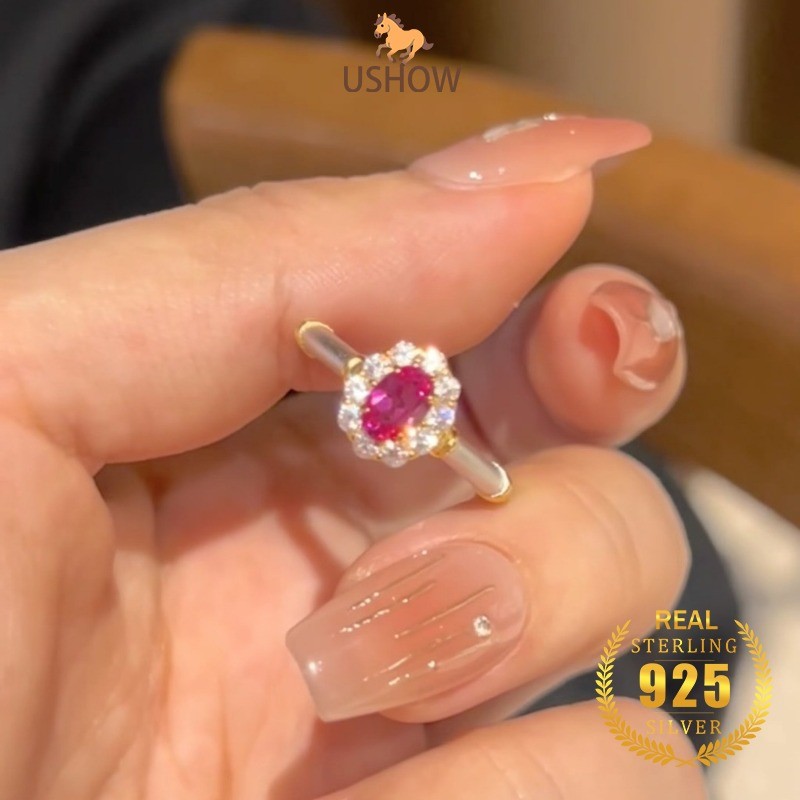 USHOW S925 Cincin Giok Merah Perak Wanita