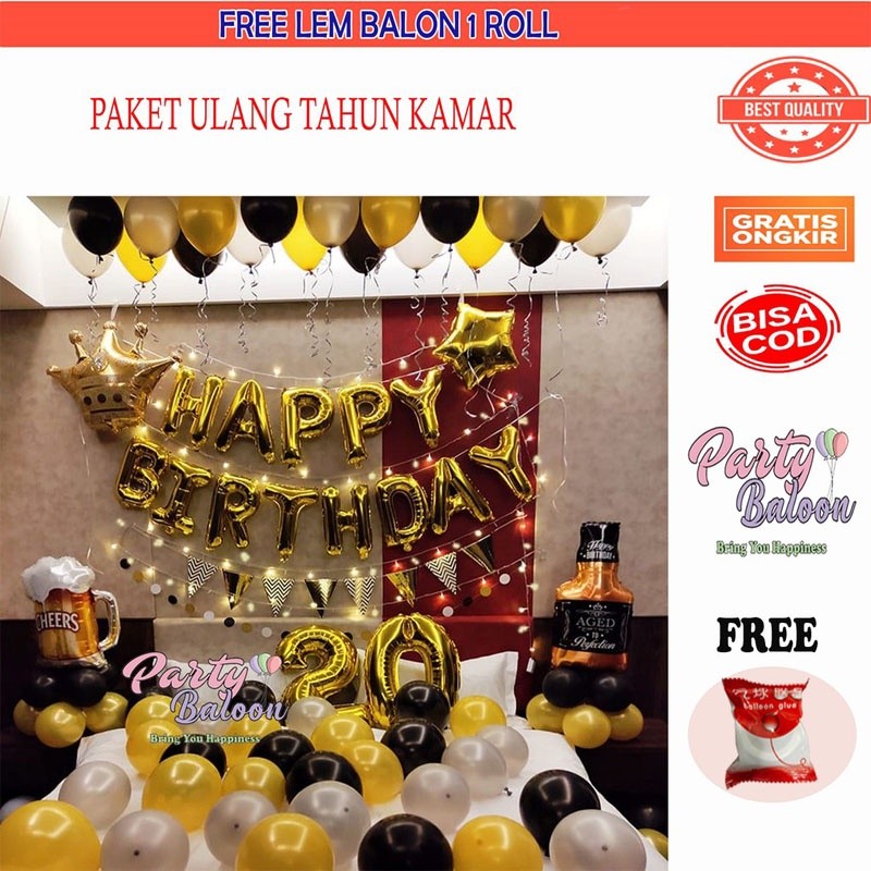 Paket ulang tahun dekorasi ultah kamar dewasa anak murah set balon gold hitam silver